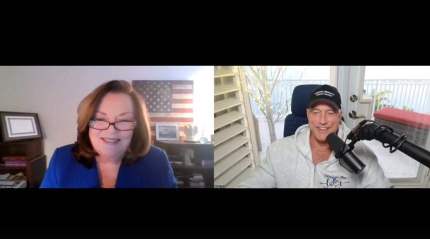 Two people engaged in a video call, one with an American flag backdrop.