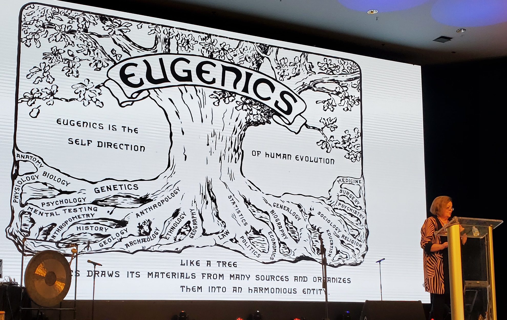Illustration of a tree labeled 'Eugenics' with branches representing human qualities and directions.